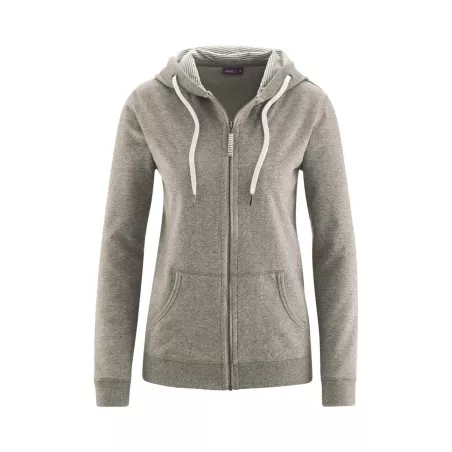 Veste grise femme, zippée à capuche 100% coton bio 