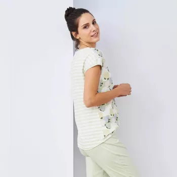 Haut de pyjama coton bio vert imprimé lotus au recto et rayures au verso