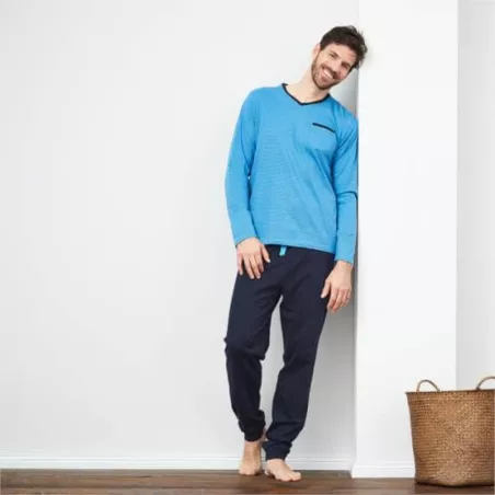 Pyjama ensemble manches longues homme en coton bio bleu turquoise
