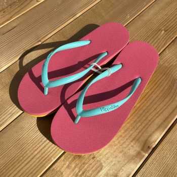 Tongs "POSITANO" - Semelle rose et jaune - Strap bleu