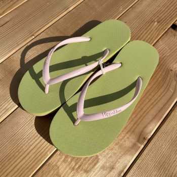 Tongs "ORIA" - Semelle verte et crème - Strap rose