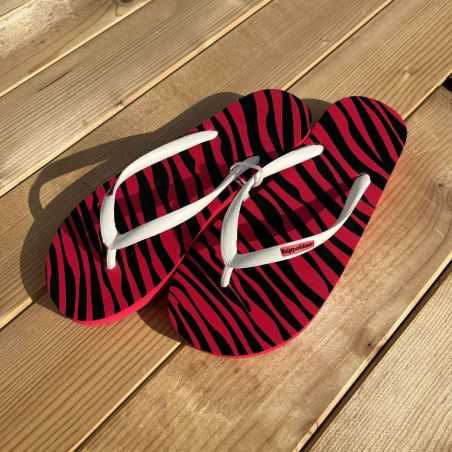 Tongs "BRINDISI" - Semelle rouge motif zèbre - Strap blanc