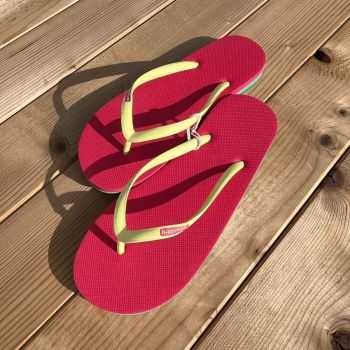 Tongs "IZUBA" - Semelle rose et bleu - Strap jaune clair