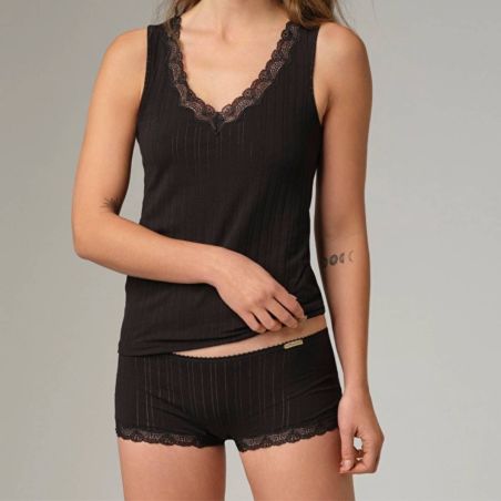 Shorty à rayures satinées et dentelle - 92% coton bio - GOTS, Fairtrade