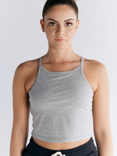 Haut avec brassière integrée coton bio et élasthanne, dos américain, gris chiné, GOTS