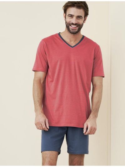 Pyjama/short 100% coton bio rayé gris/cayenne,  GOTS