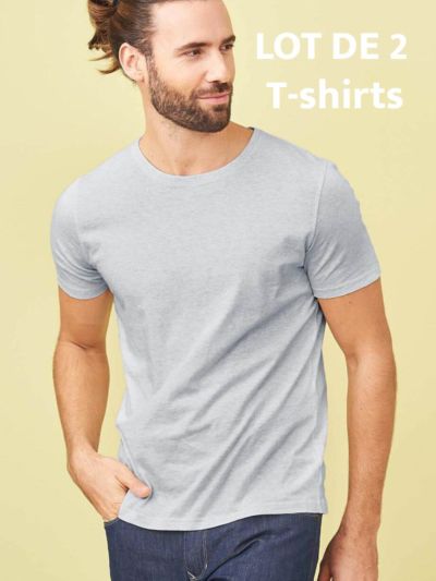 lot de 2 T-shirt 100% coton bio, (120 gr/m2), gris chiné, GOTS et VEGAN