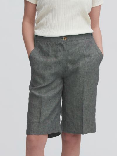 Bermuda 100% lin, femme, chambray thym, VEGAN