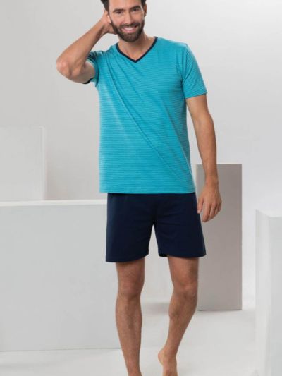 Pyjama/short 100% coton bio rayé Turquoise /Marine, GOTS